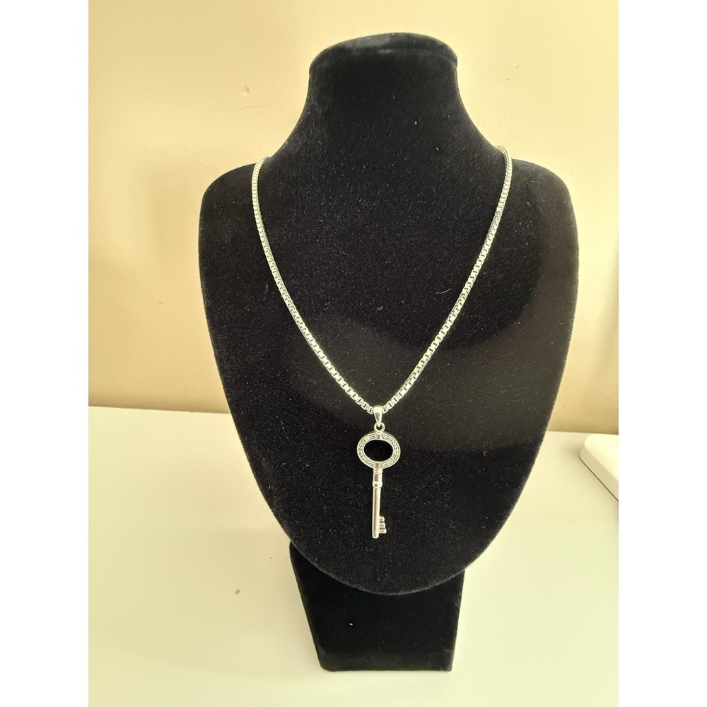 Vintage Sterling Silver Diamond Key Pendant Necklace